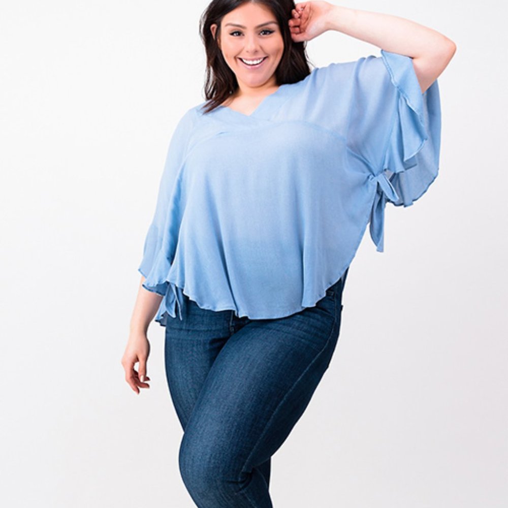 Plus Size V- Neck Ruffle Sleeve Boho Blouse